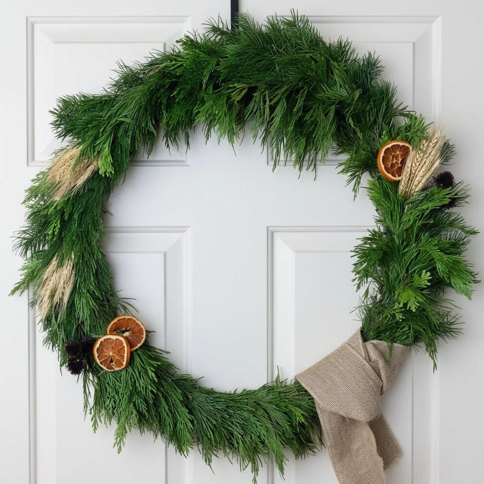 Echinacea, Dried Oranges, and Wheat Grass Evergreen Wreath, 12"