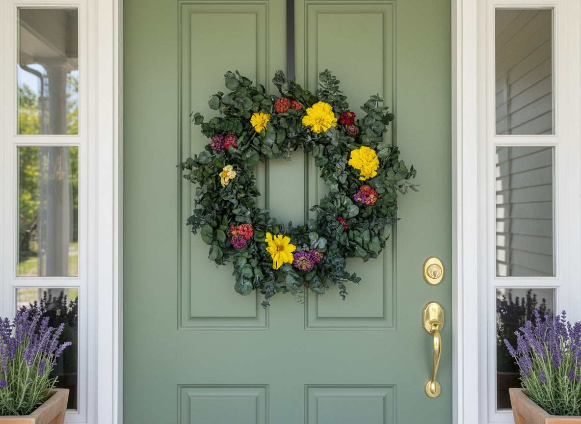 Eucalyptus Wreath with Dahlias, Zinnias, & Calendula, 12"