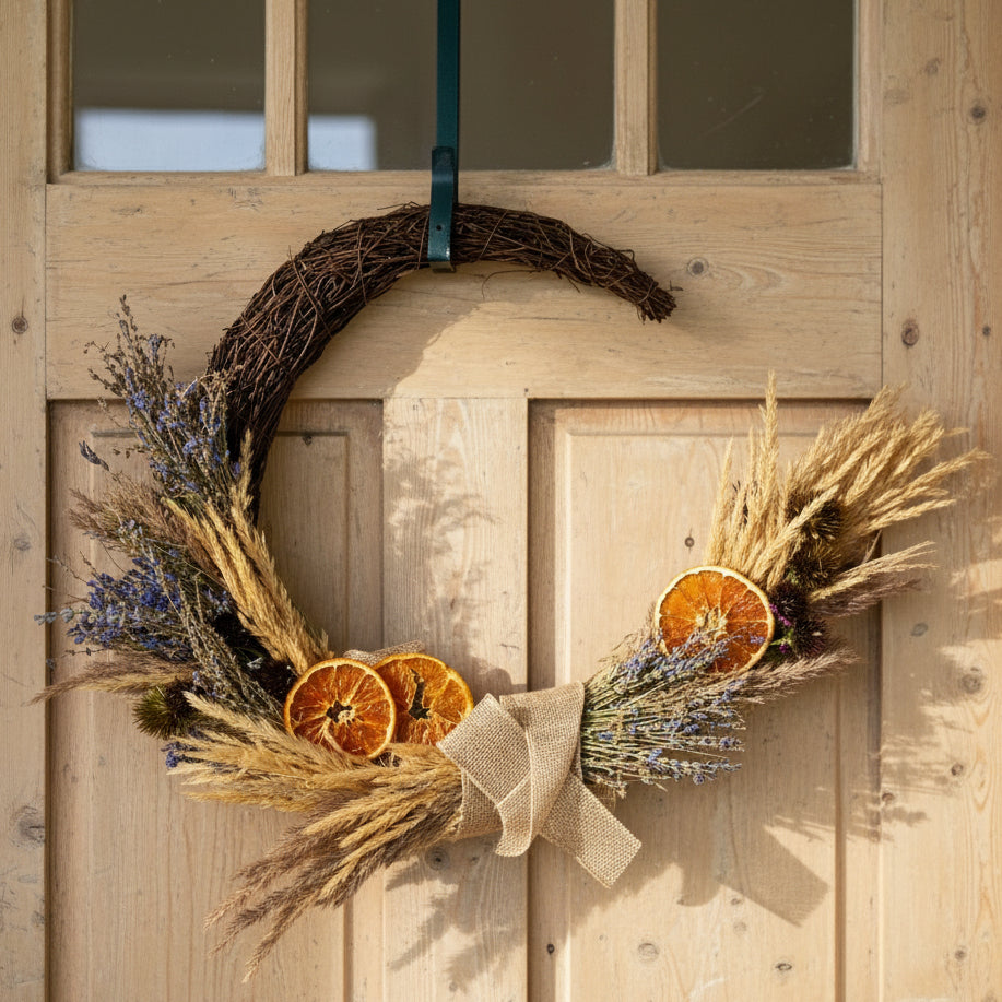 Lavender, Wheat, & Echinacea with Preserved Oranges, 14" Crescent Wreath