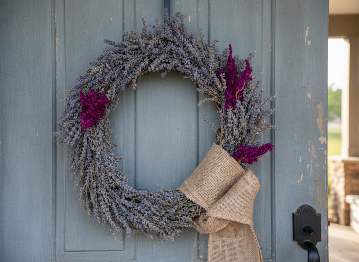 Lavender & Celosia (Pampas Plume) Wreath on Grapevine Frame, 14"
