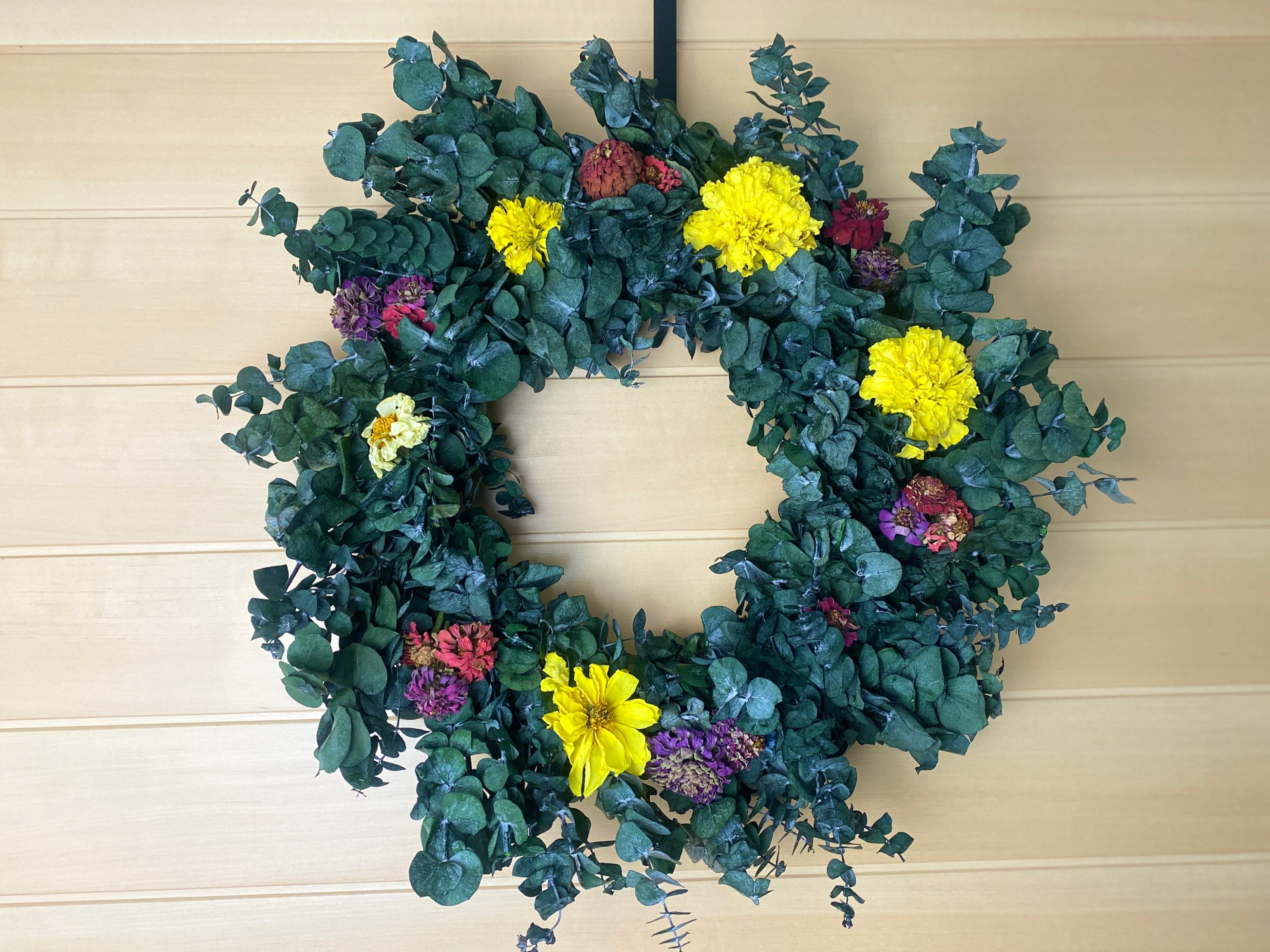 Eucalyptus Wreath with Dahlias, Zinnias, & Calendula, 12"
