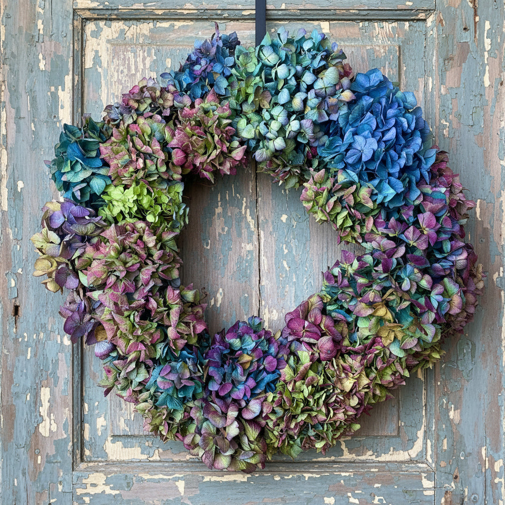 Dried Hydrangea Wreath on Grapevine Frame, 14"