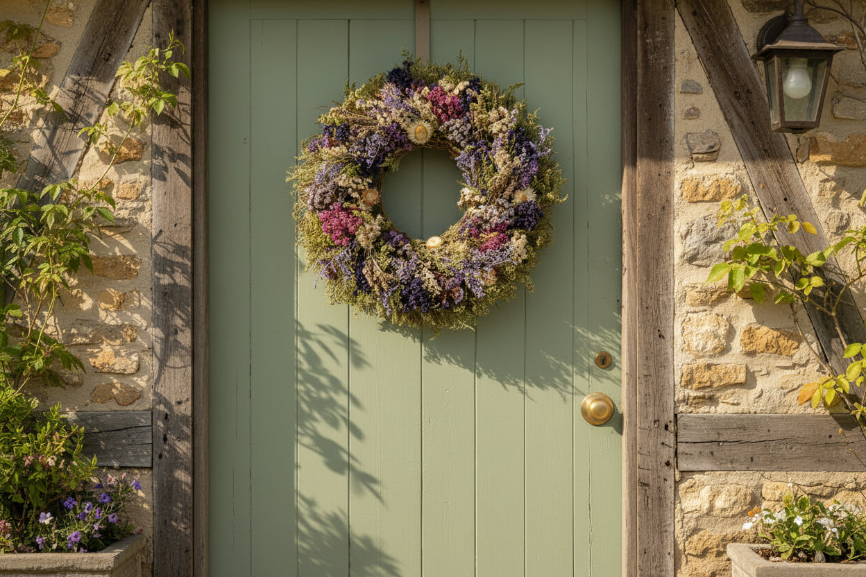 Floral wreath with a variety of flowers on a white background
