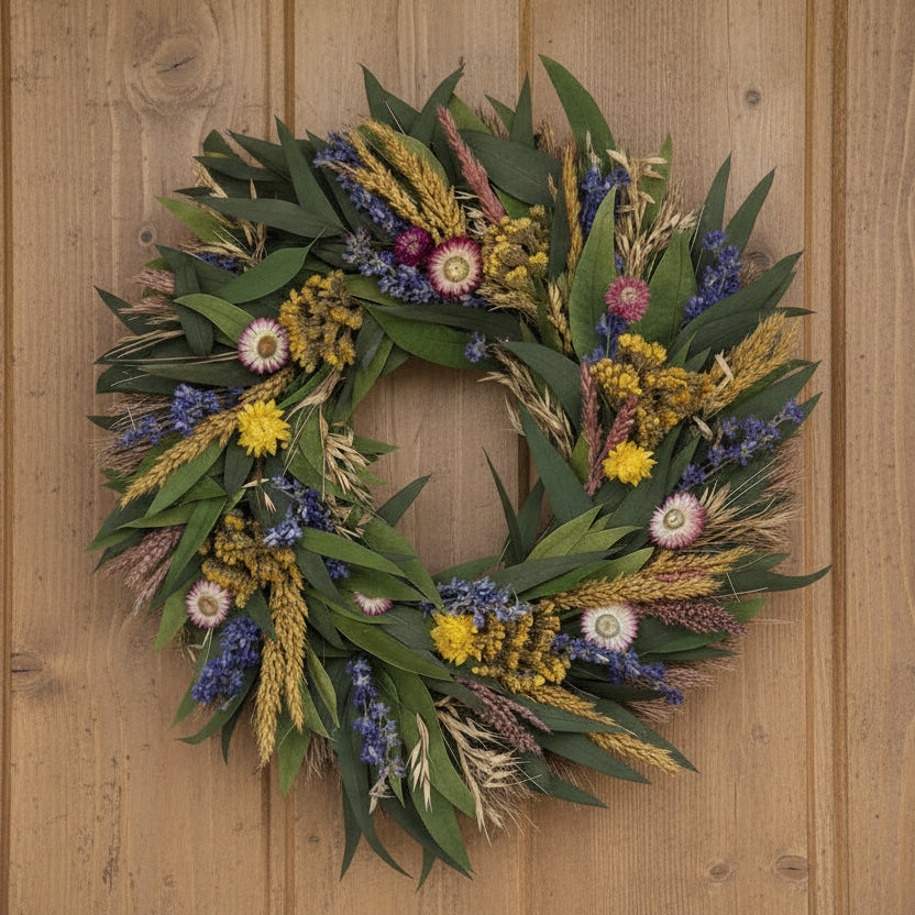 Wreath made of green leaves and colorful flowers on a white background
