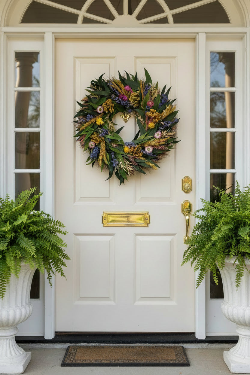 Wreath made of green leaves and colorful flowers on a white background